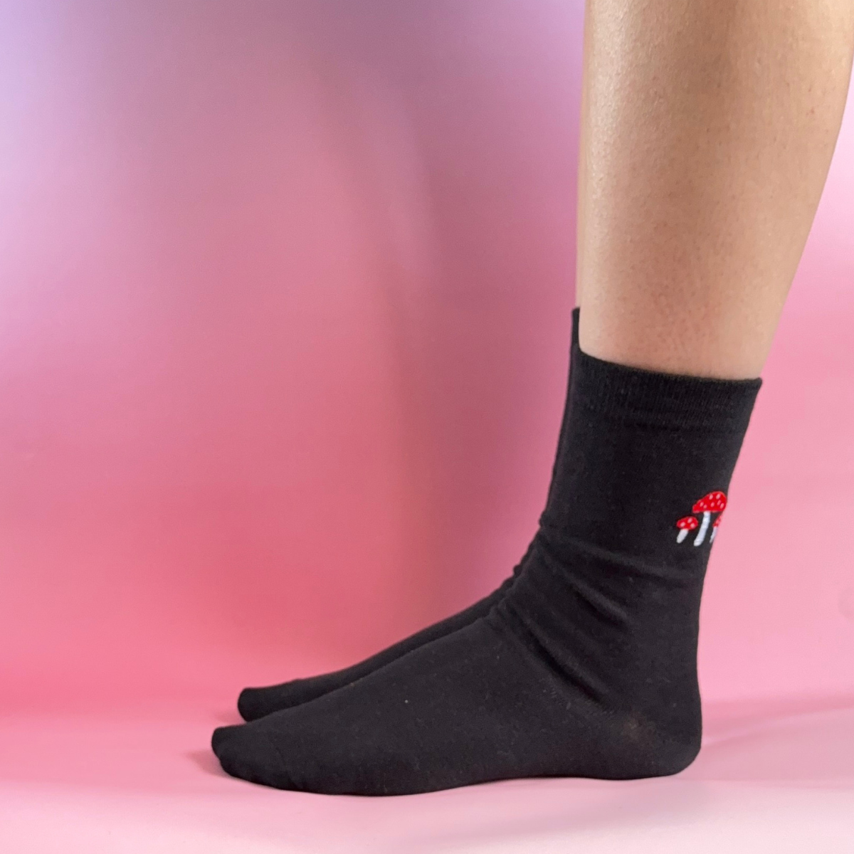 Black Embroidered Mushroom Ankle Socks | Fun Gift Socks