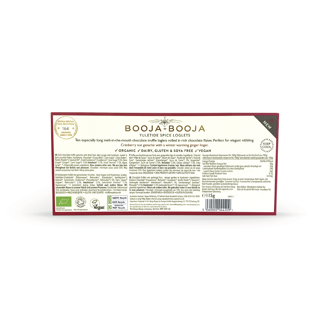 Booja - Booja Yuletide Spice Chocolate Truffle Loglets – Cranberry Nut & Ginger Ganache (Vegan & Organic Gift Box) - Pockets of Bliss