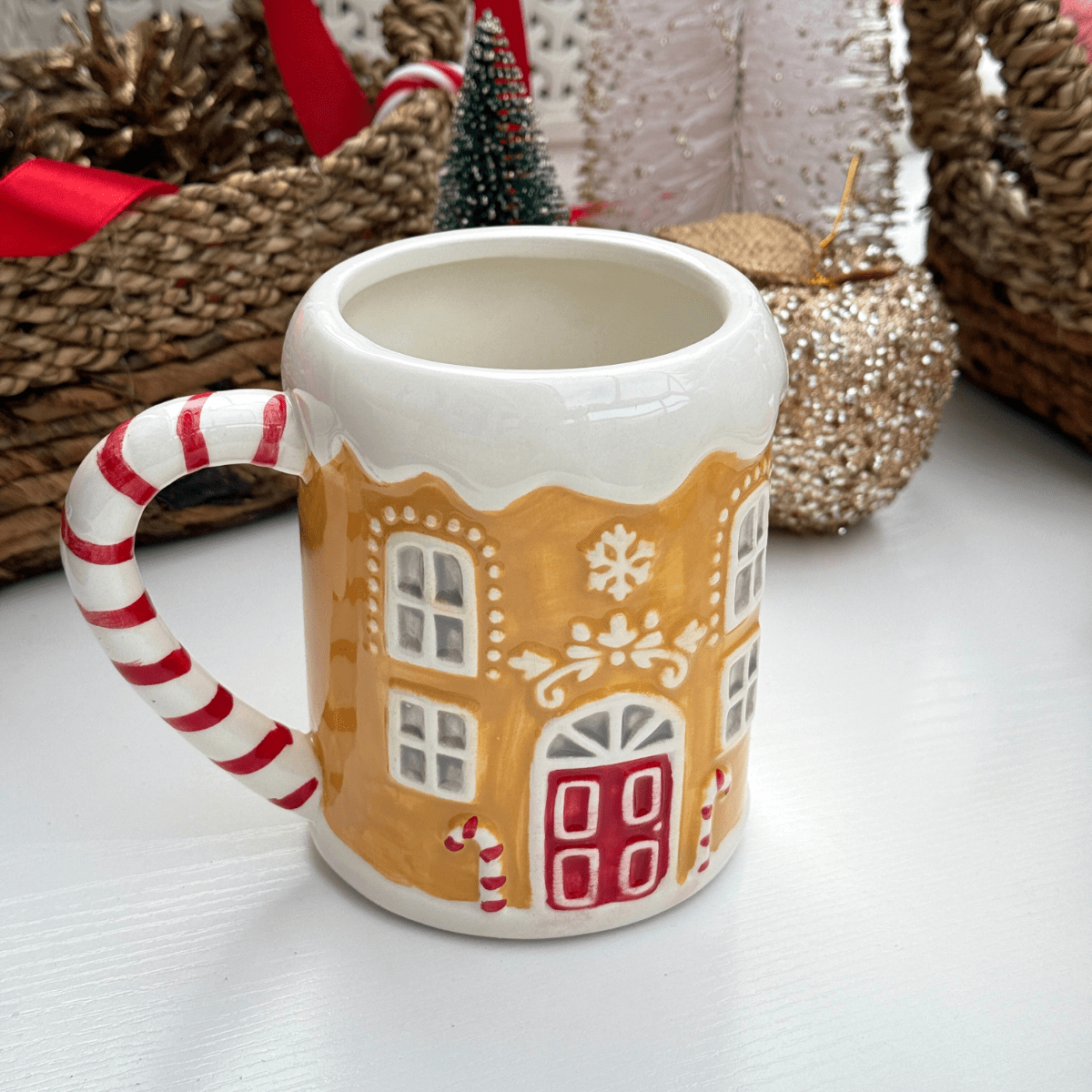 Festive Gingerbread House Mug with Candy Cane Handle - Pockets of Bliss