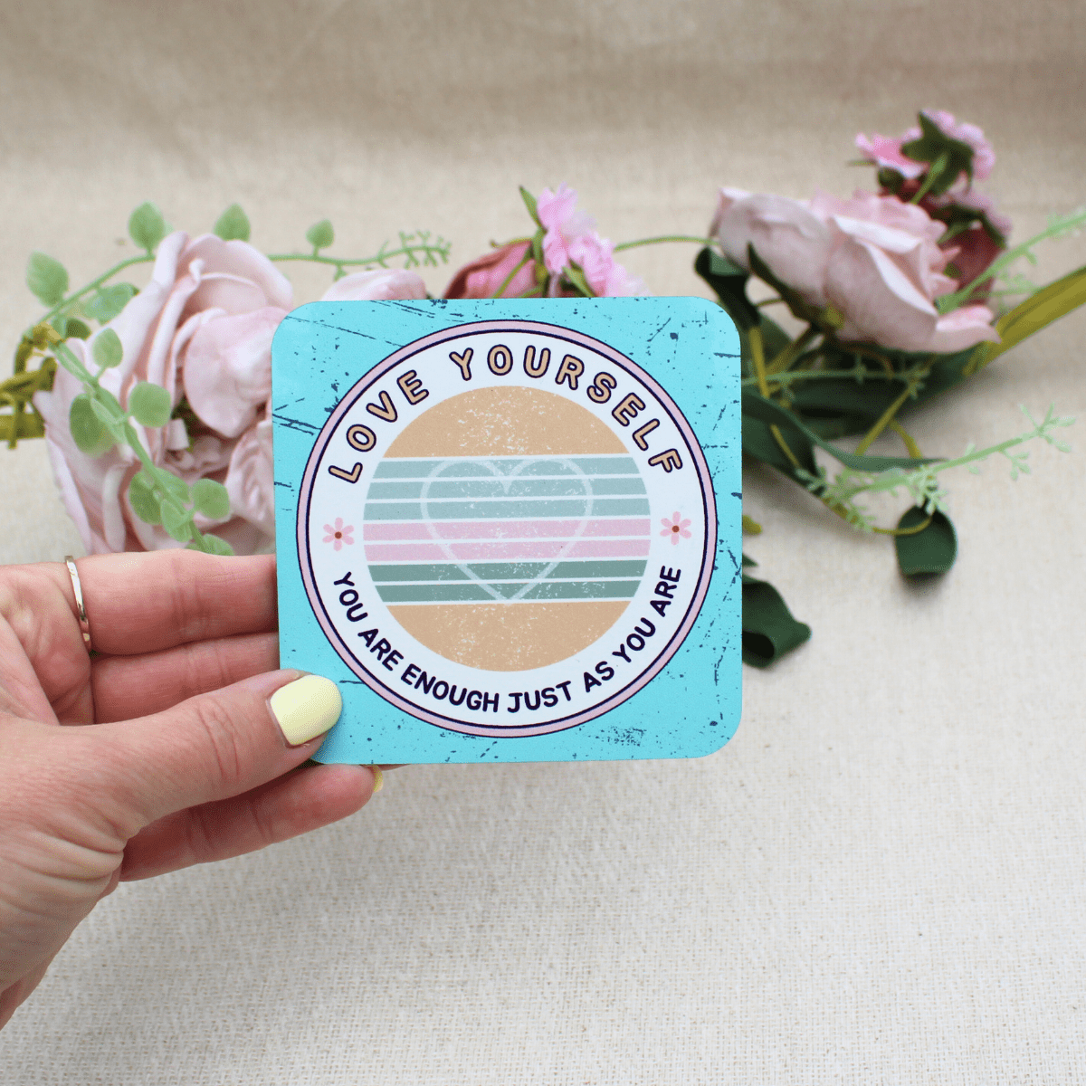 "Love Yourself" Affirmation Coaster – Retro Pastel Self - Love Gift - Pockets of Bliss
