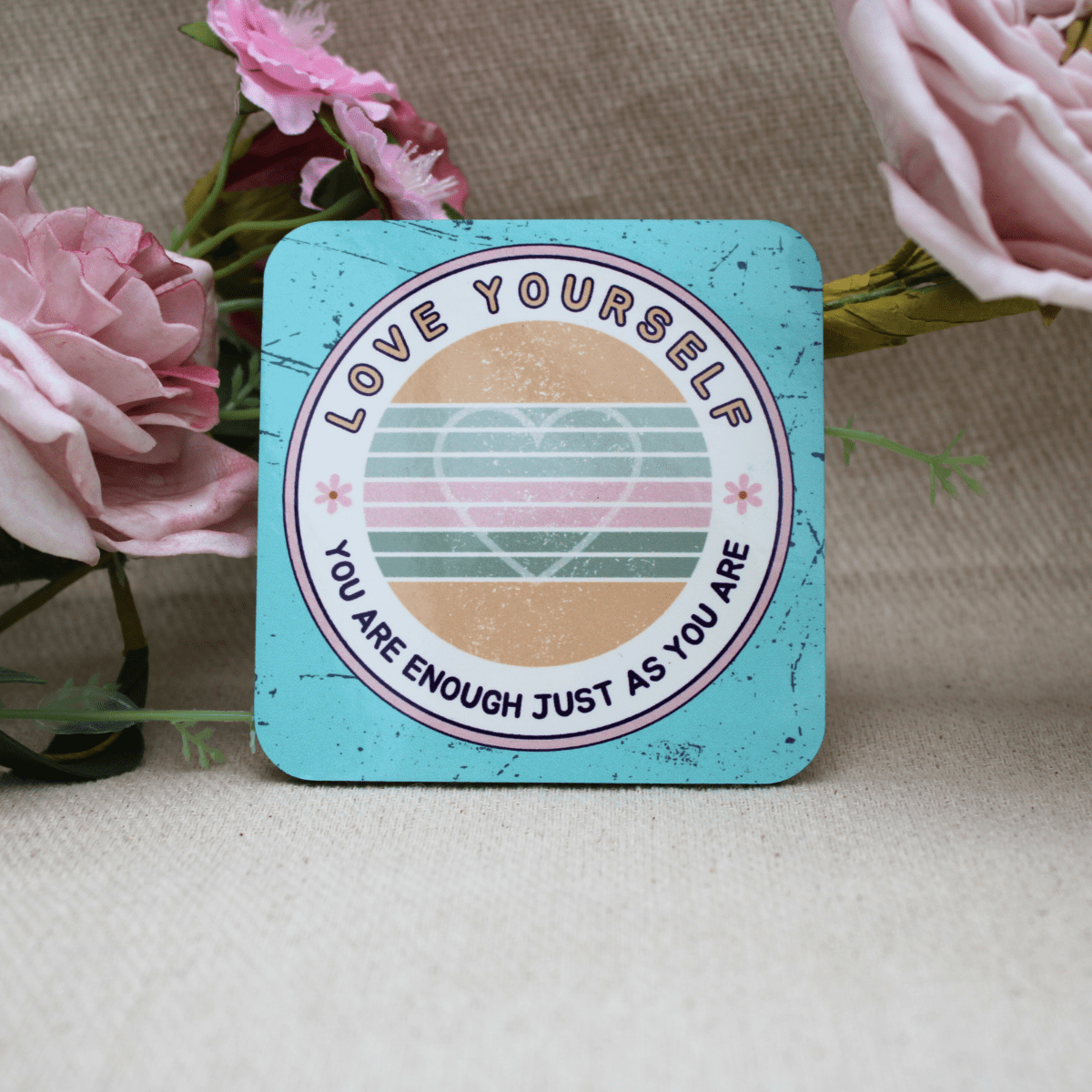 "Love Yourself" Affirmation Coaster – Retro Pastel Self - Love Gift - Pockets of Bliss