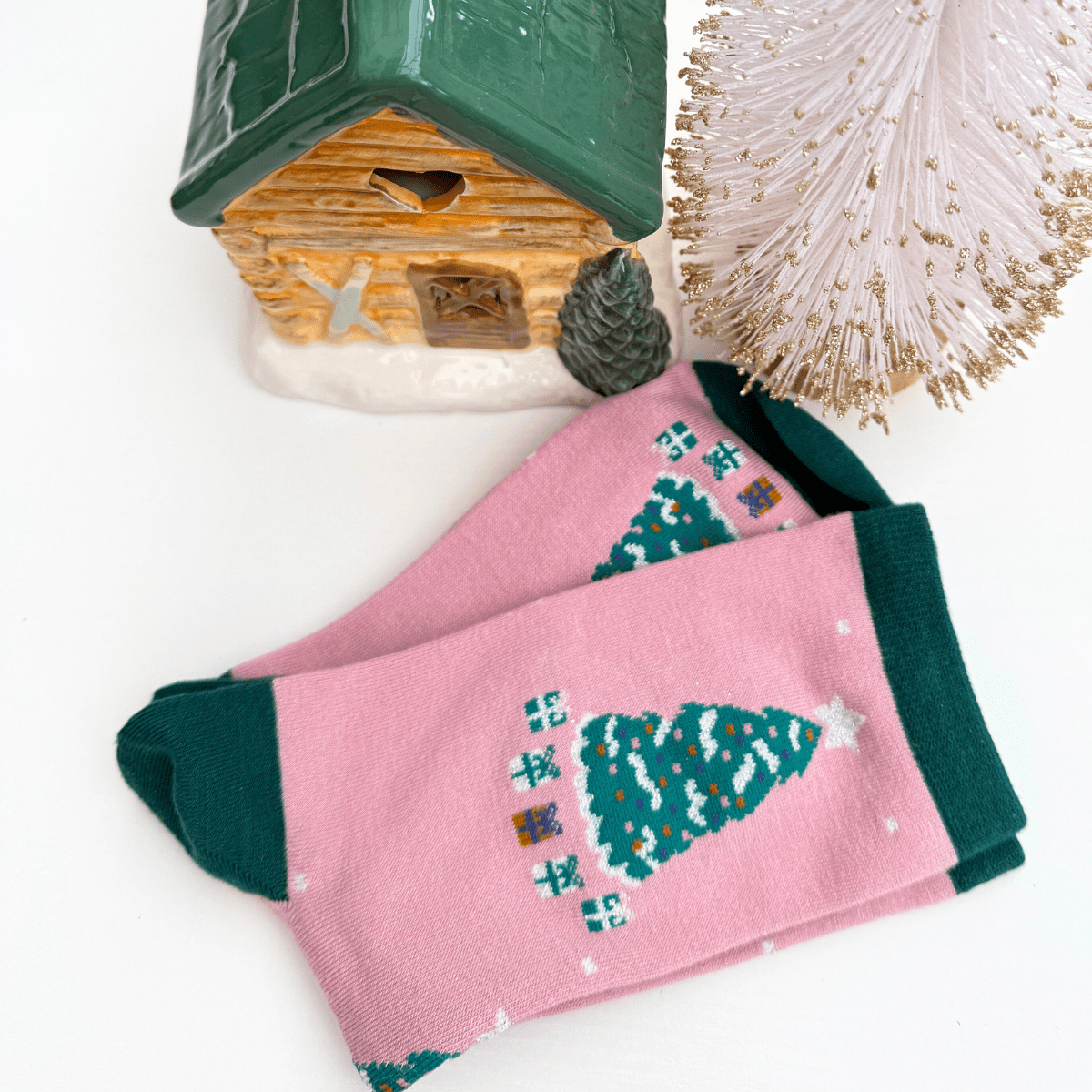 Pink Women's Christmas Tree Print Bamboo Socks - Pockets of Bliss
