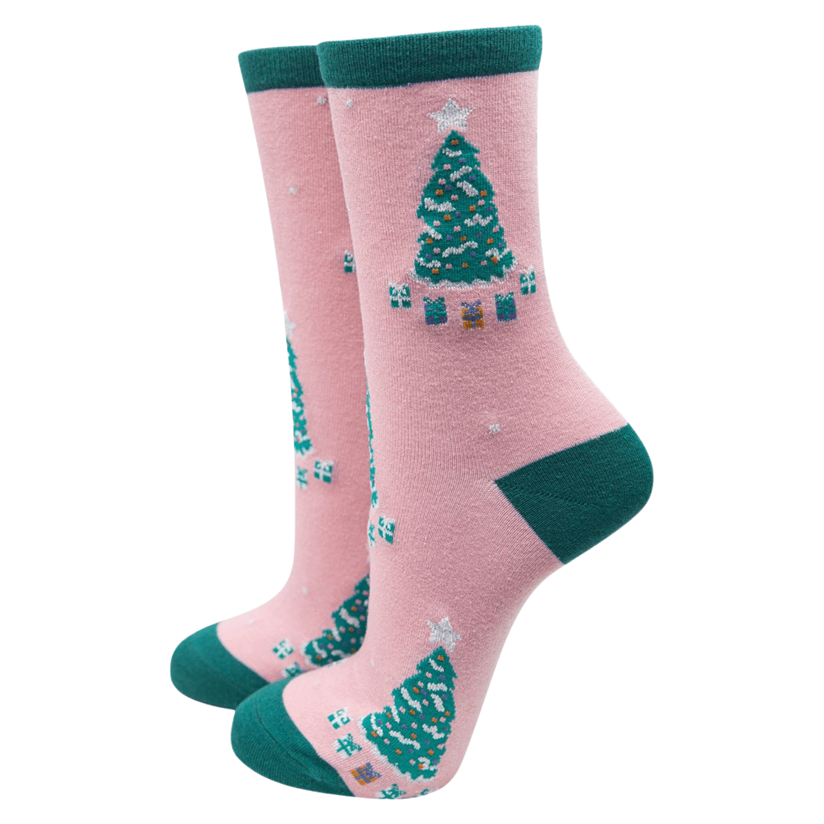Pink Women's Christmas Tree Print Bamboo Socks - Pockets of Bliss