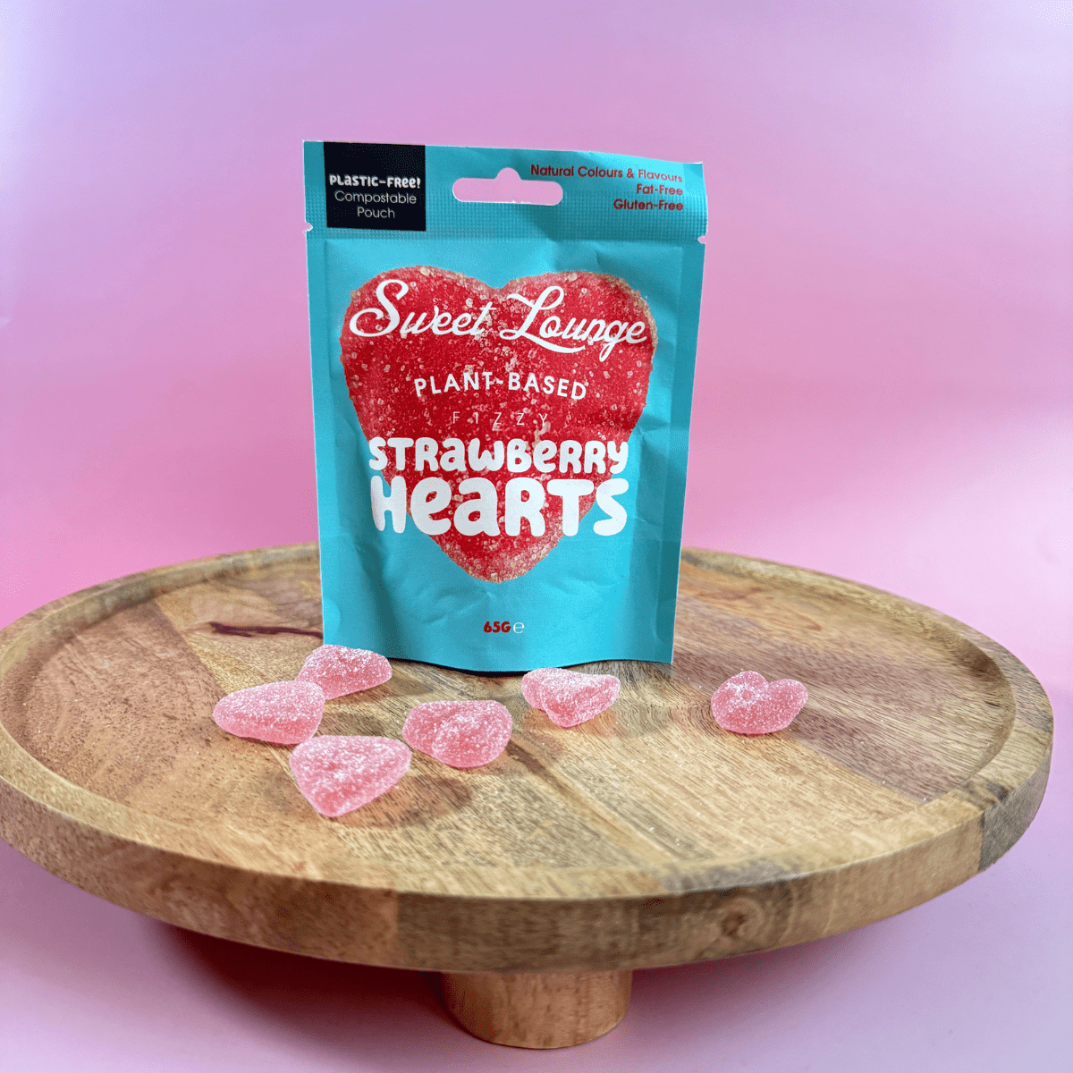 Plant - Based Fizzy Strawberry Hearts Sweets | 65g Vegan Bag - Pockets of Bliss
