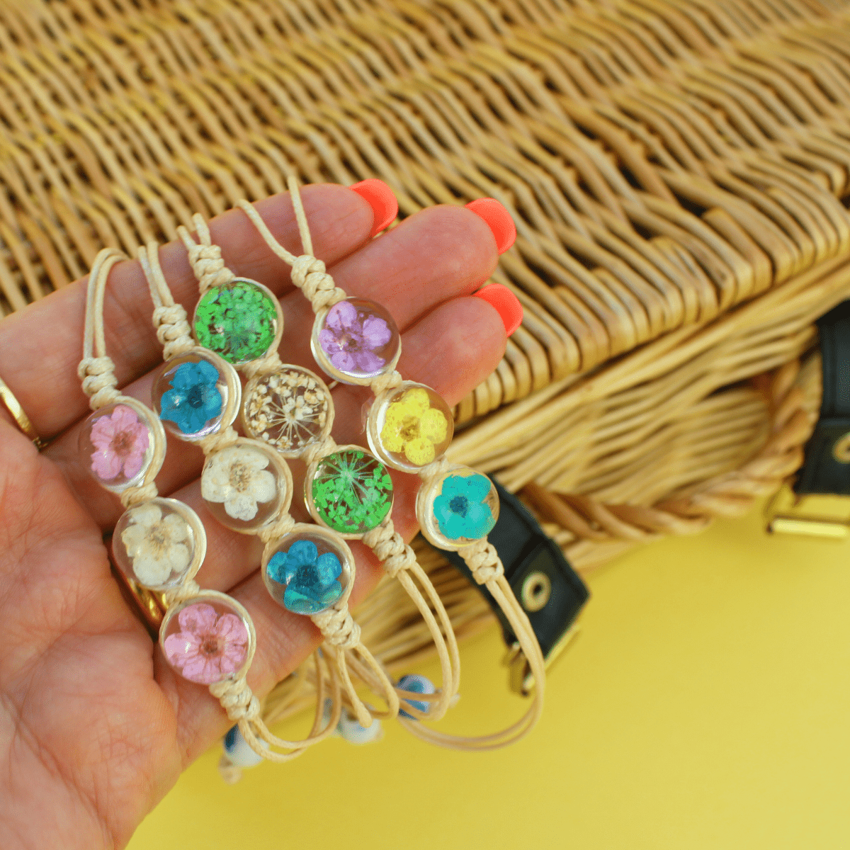 Pressed Flower Adjustable Cord Bracelet – Real Dried Flowers in Resin - Pockets of Bliss