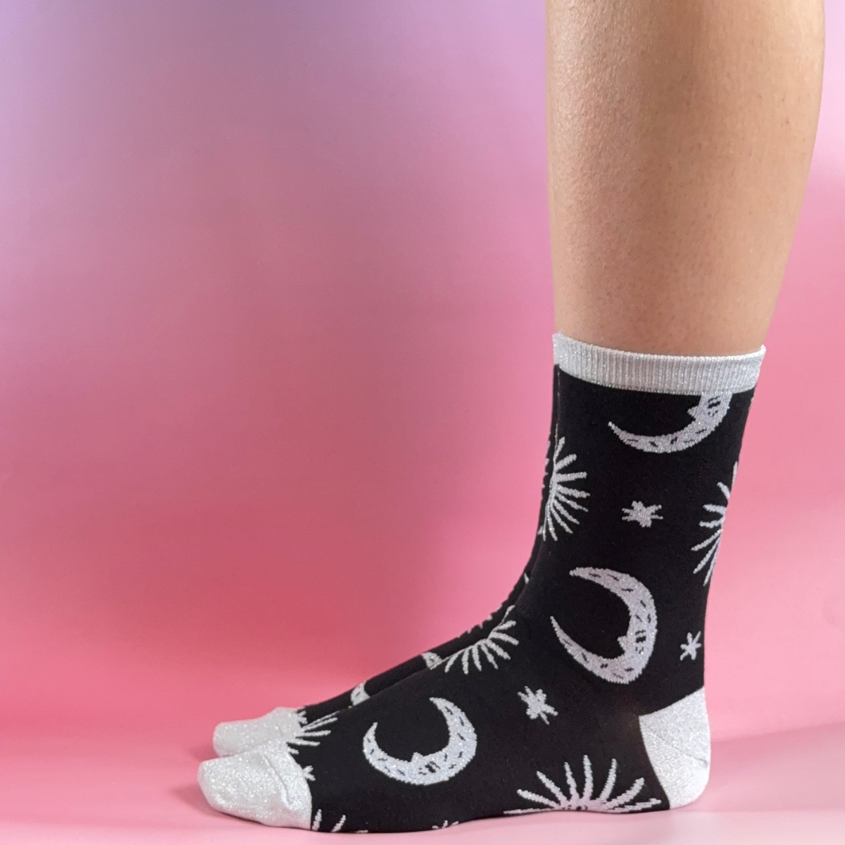 Black Celestial Glitter Socks | Sun Moon Star Design