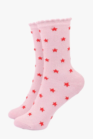 Light Pink Red Star Print Glitter Socks - Pockets of Bliss