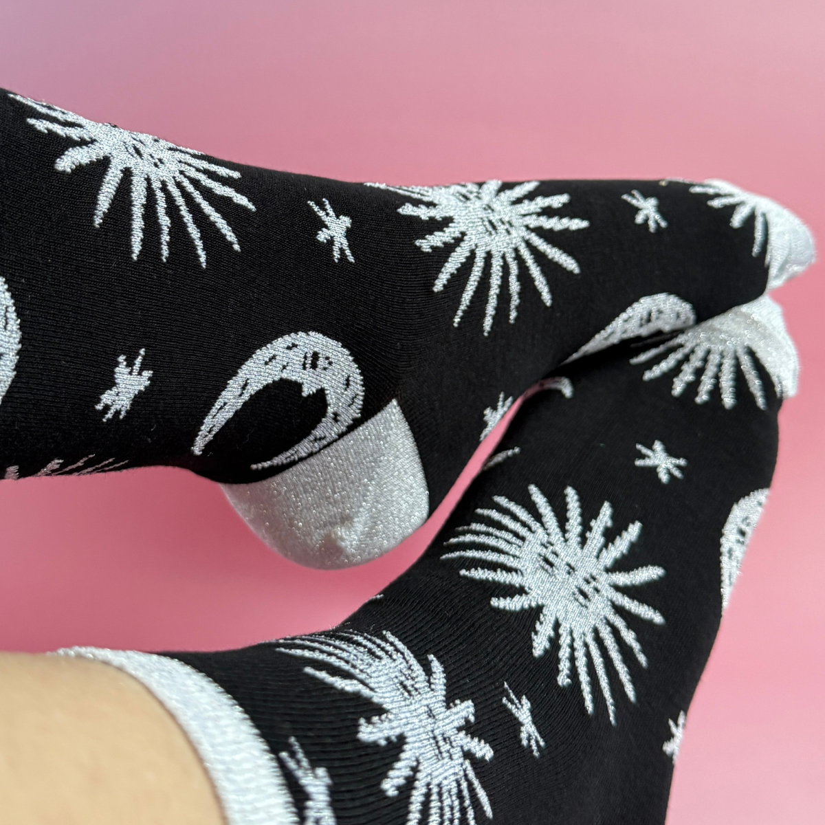 Black Celestial Glitter Socks | Sun Moon Star Design