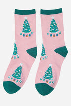 Pink Women's Christmas Tree Print Bamboo Socks - Pockets of Bliss