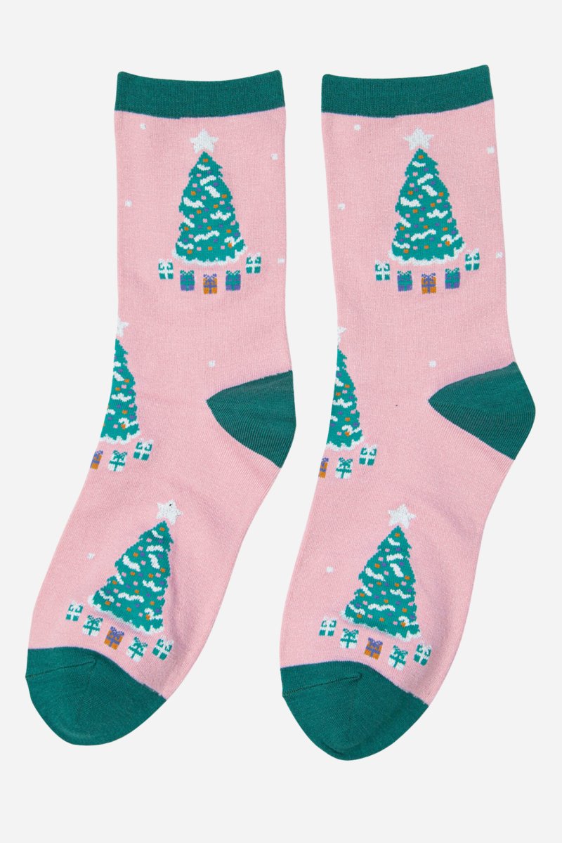 Pink Women's Christmas Tree Print Bamboo Socks - Pockets of Bliss