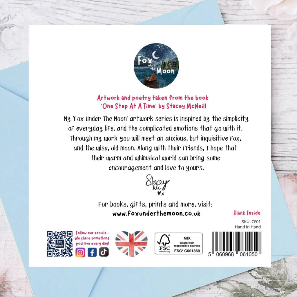 The back of a card from fox under the moon, saying who the card is made by and details about it