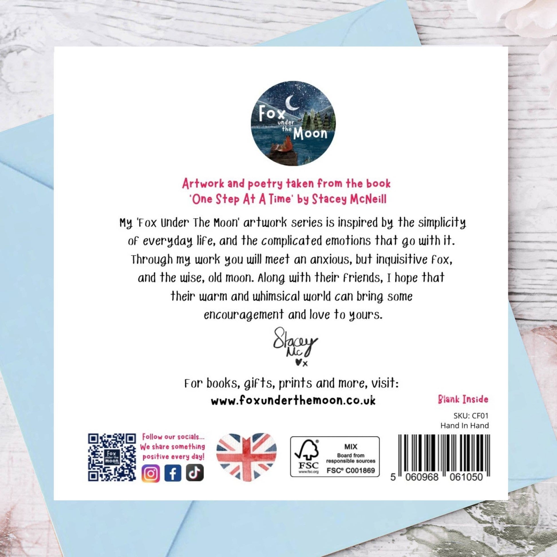 The back of a card from fox under the moon, saying who the card is made by and details about it