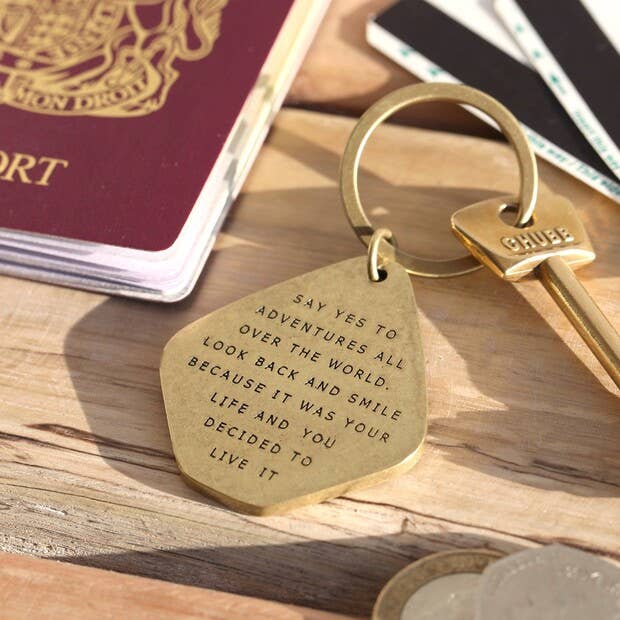 Say Yes To Adventure&#39; Antiqued Brass Keyring