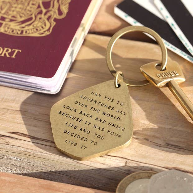 Say Yes To Adventure' Antiqued Brass Keyring - Pockets of Bliss