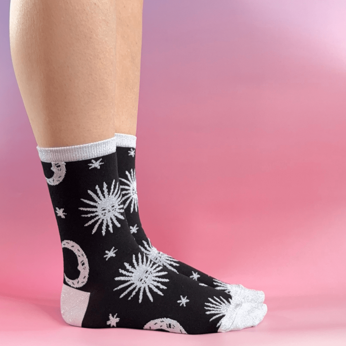 Black Celestial Glitter Socks | Sun Moon Star Design - Pockets of Bliss