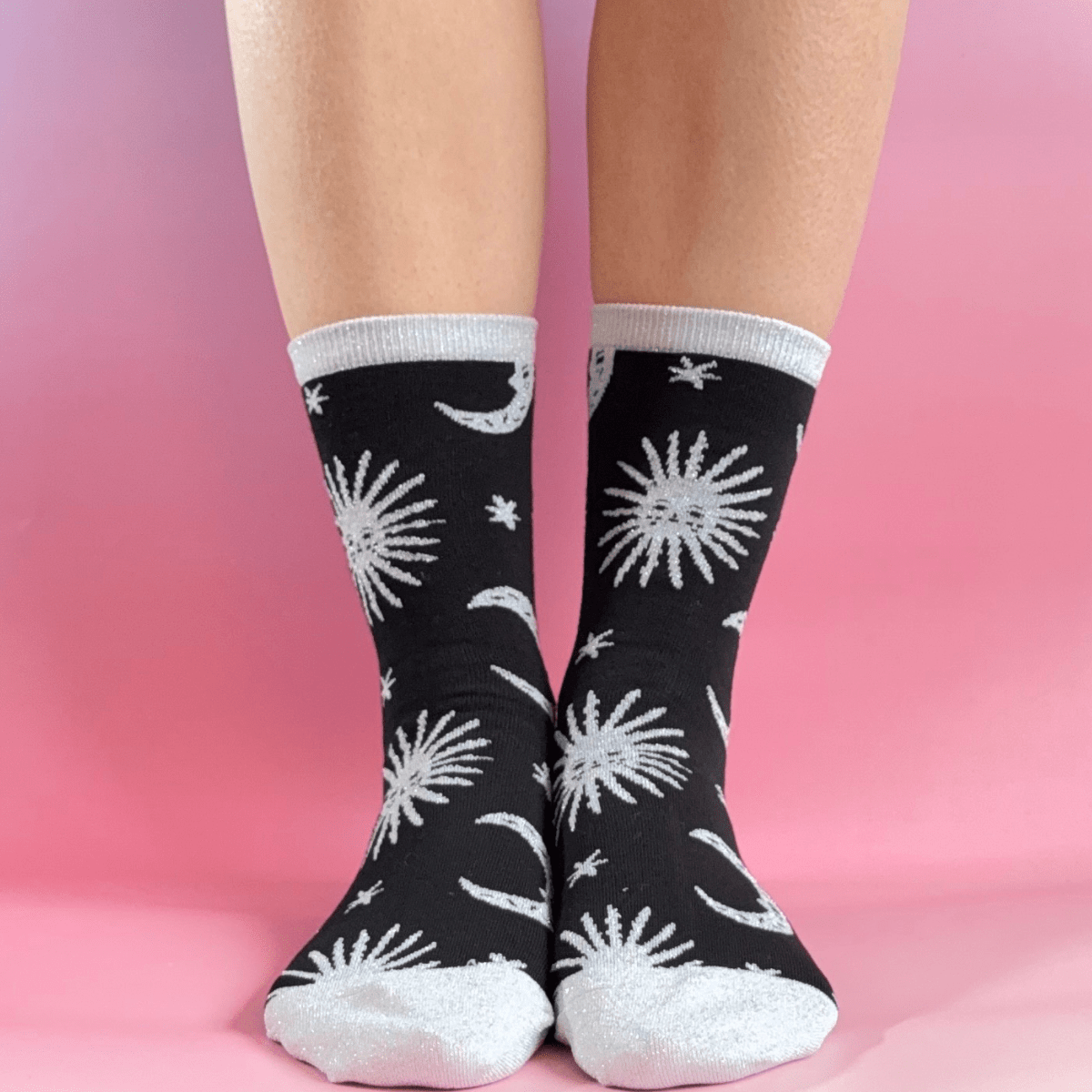 Black Celestial Glitter Socks | Sun Moon Star Design - Pockets of Bliss