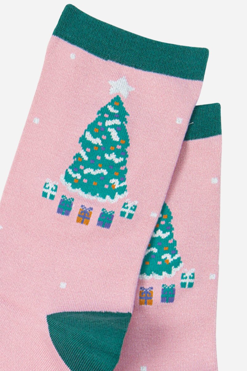 Pink Women's Christmas Tree Print Bamboo Socks - Pockets of Bliss