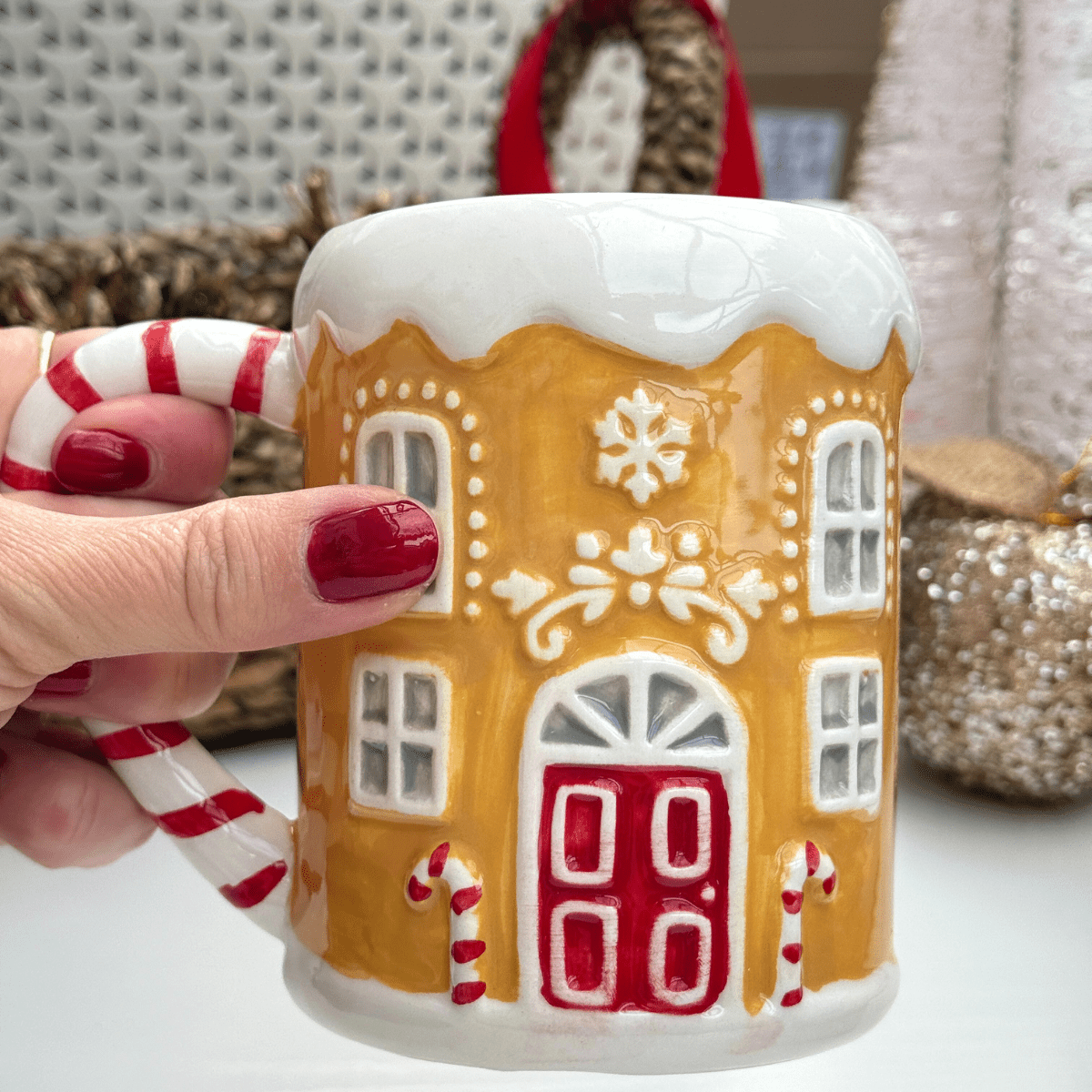 Festive Gingerbread House Mug with Candy Cane Handle - Pockets of Bliss
