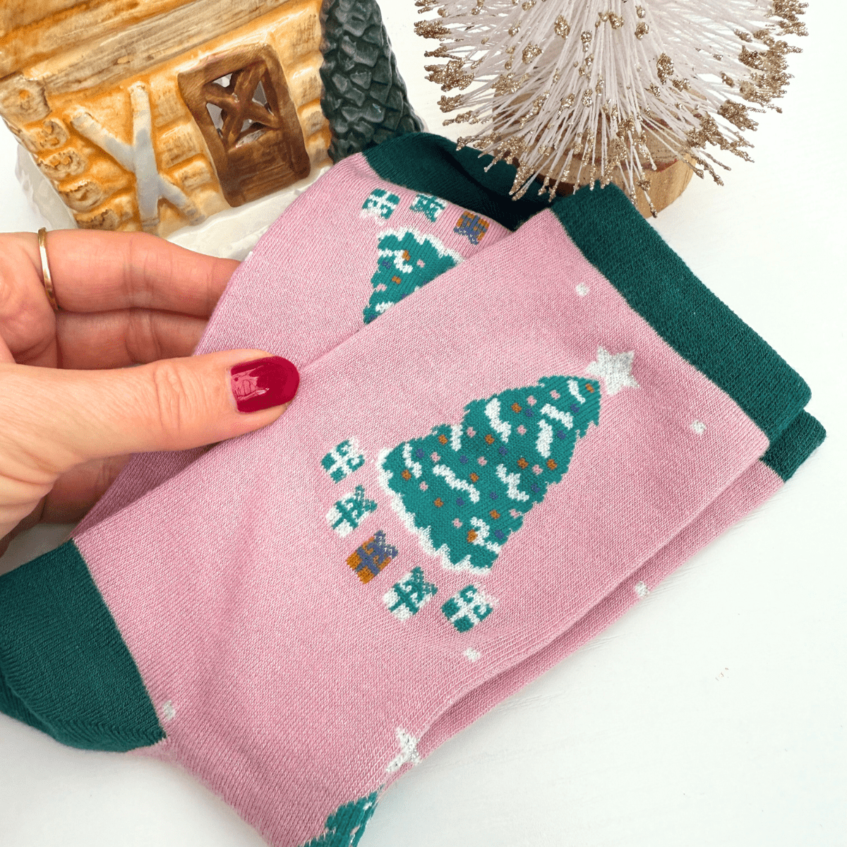 Pink Women's Christmas Tree Print Bamboo Socks - Pockets of Bliss