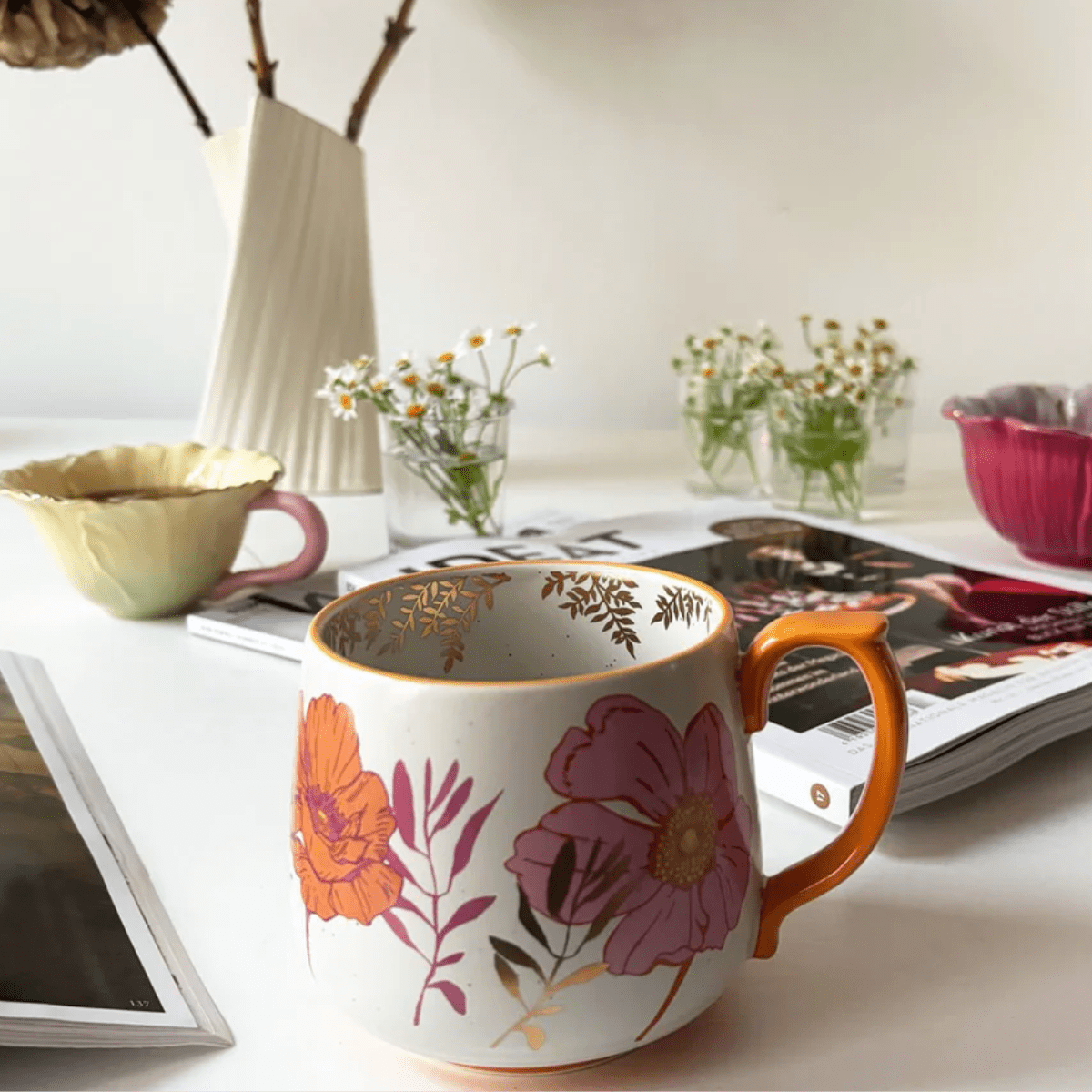 Posy Orange Floral Mug with Gold Foil Detail - Pockets of Bliss