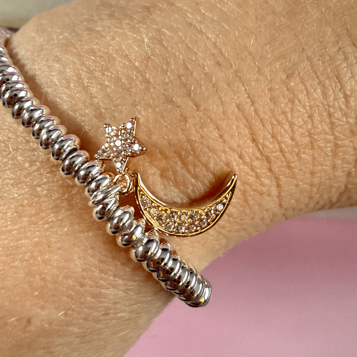 Silver Plated Crescent Moon &amp; Star Bracelet | Crystal Charms - Pockets of Bliss
