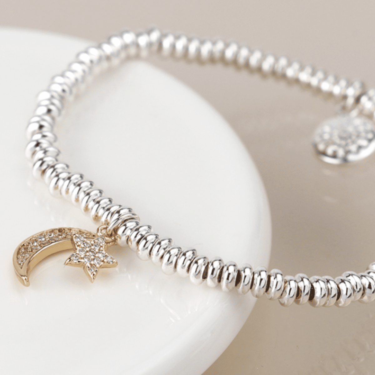 Silver Plated Crescent Moon & Star Bracelet | Crystal Charms - Pockets of Bliss