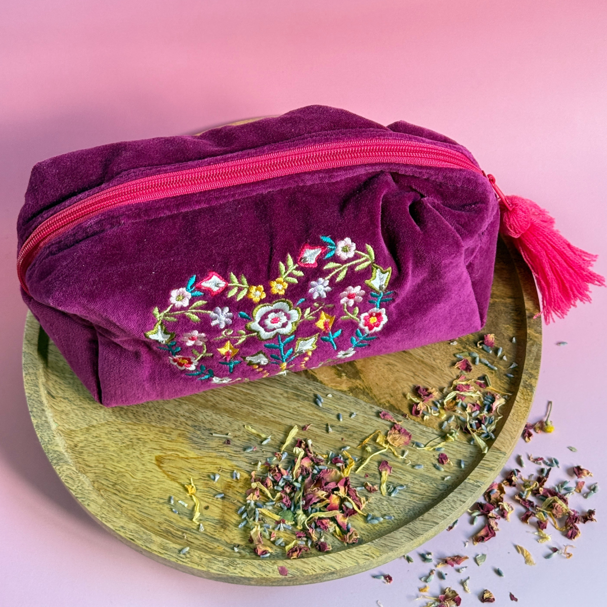 Wine Velvet Floral Heart Embroidered Wash Bag - Pockets of Bliss