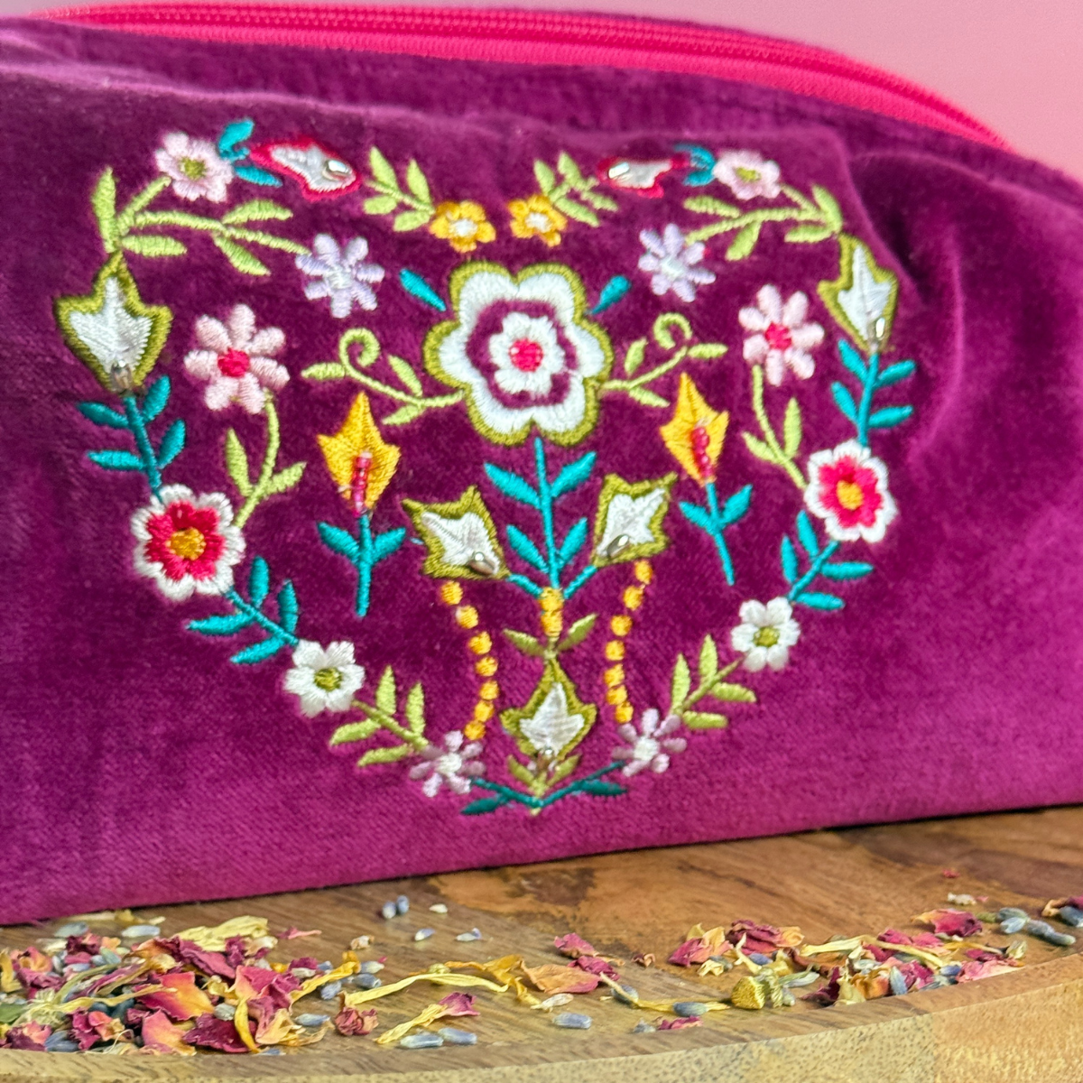 Wine Velvet Floral Heart Embroidered Wash Bag - Pockets of Bliss