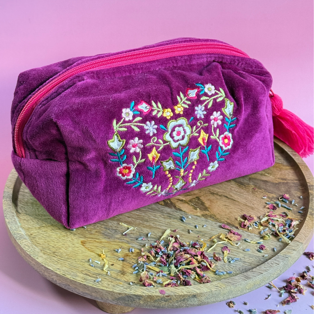 Wine Velvet Floral Heart Embroidered Wash Bag - Pockets of Bliss